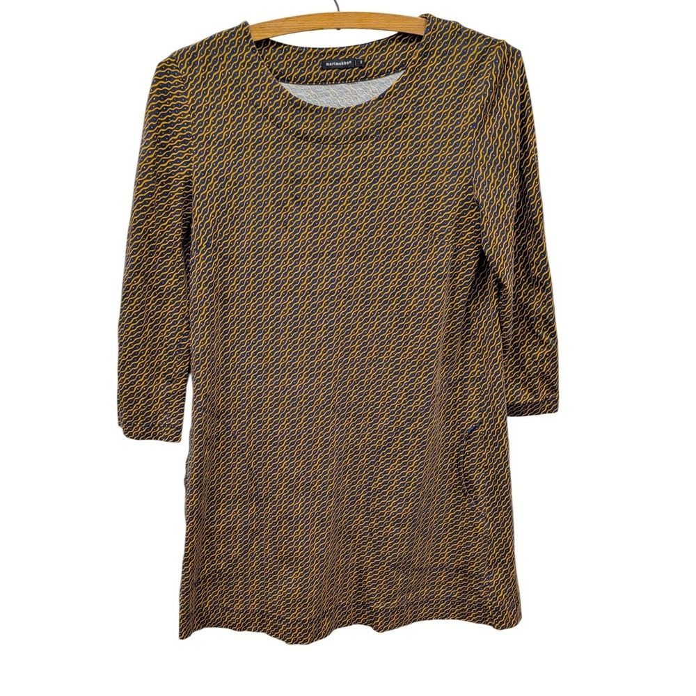 Marimekko Women's Marjailla Raspa Tricot Tunic Mini Dress Blue Gold Mod 60s- XS